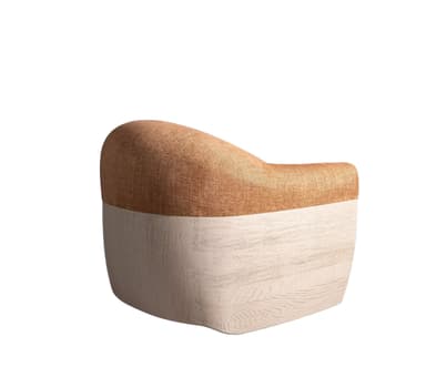 An upholstered barrel back accent chair featuring a curved backrest and integrated armrests. The seating area is entirely upholstered in a light brown, textured fabric, which contrasts with the exposed, light-toned wooden frame that encases the lower part and extends up the sides of the chair. The wooden frame exhibits a visible grain pattern, suggesting a natural wood finish. The design is compact and contemporary. — 3D model