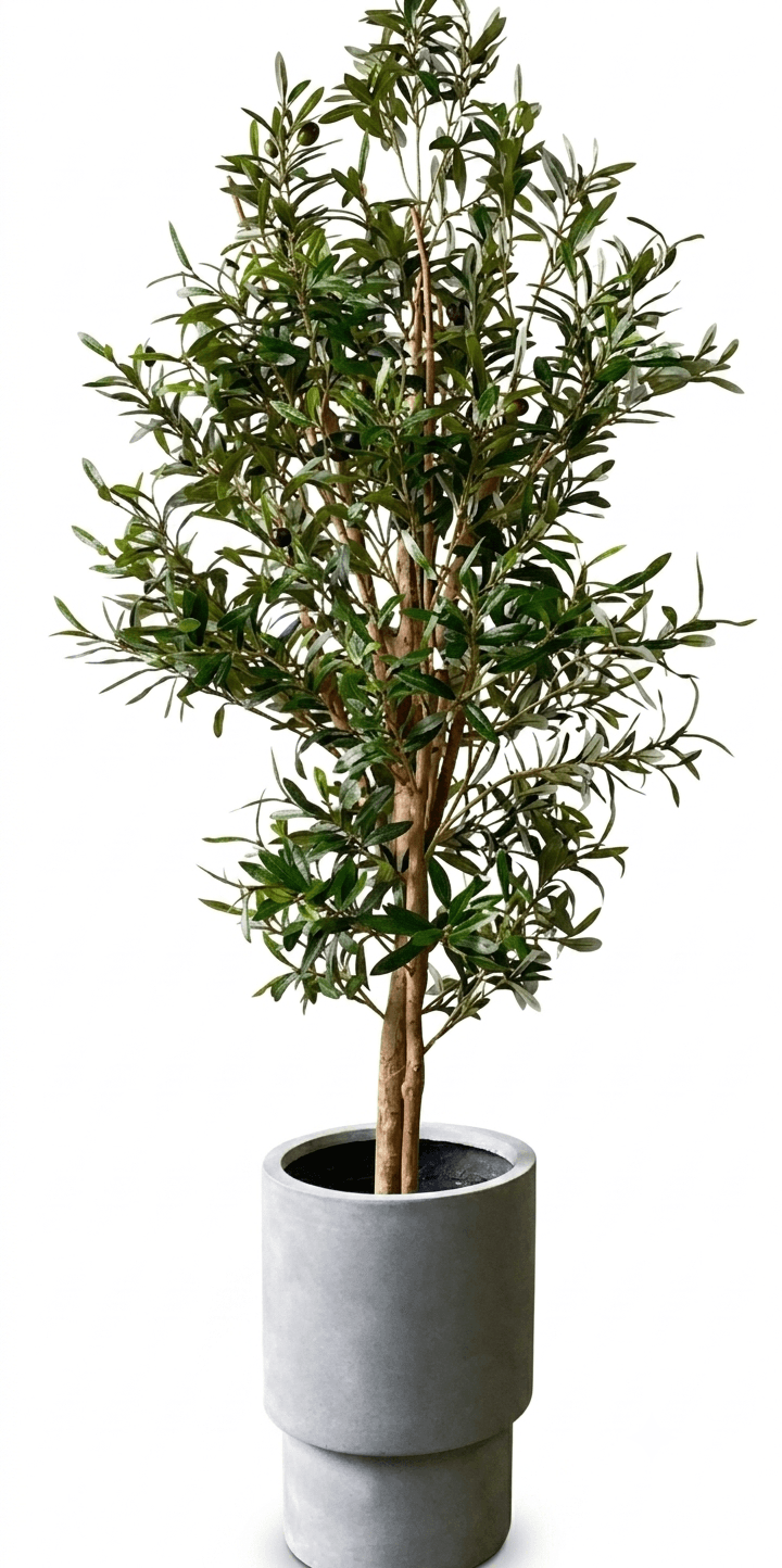 An artificial olive tree presented in a modern, cylindrical concrete planter. The tree features realistic green leaves and small, dark green and black artificial olives, branching out from multiple brown faux trunks. The planter is a two-tiered grey cylinder with a matte finish, providing a stable and contemporary base for the plant. — 3D model