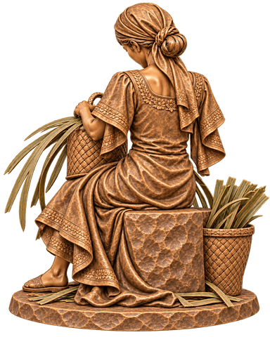 A bronze-finished sculpture depicting a seated woman from the back, engaged in an activity involving baskets and leafy materials. The woman is dressed in traditional attire with intricate patterns on her clothing and a headscarf. She is seated on a block with a textured surface, and a larger basket with similar leafy materials rests beside her. The entire composition rests on a textured, circular base. — 3D model