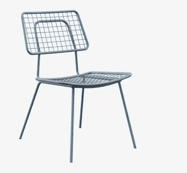 An armless chair constructed from light blue-gray powder-coated metal, featuring a grid or mesh pattern for both the seat and backrest, supported by a thin tubular metal frame and four splayed legs. — 3D model