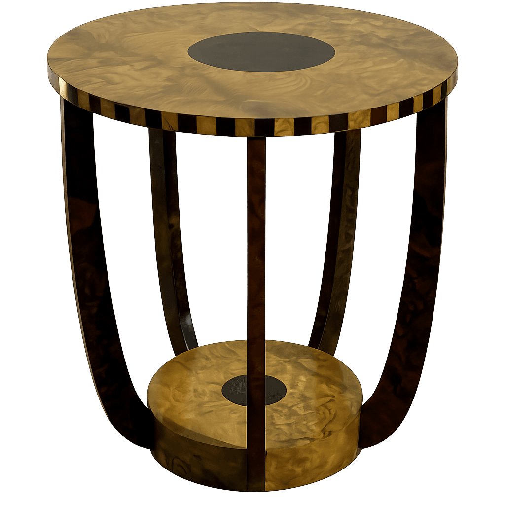 A sophisticated round side table featuring a polished burl wood veneer finish and dark accents. The table has a circular top and a matching circular base, connected by multiple vertical supports. The top and base both have a central black circular inlay. The edge of the tabletop features a distinctive checkered pattern of light and dark segments. The vertical supports are curved, creating an elegant silhouette, and are primarily dark, contrasting with the lighter burl wood. — 3D model