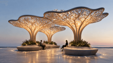 An organic sculptural LED table lamp featuring a white, translucent, biomorphic shade with intricate vein-like patterns. The shade is supported by a multi-stemmed column that emerges from an oval base. The base contains an integrated planter filled with artificial green foliage, adding a natural element to the contemporary design. The internal light source illuminates the patterned shade, creating a soft, ambient glow. — 3D model