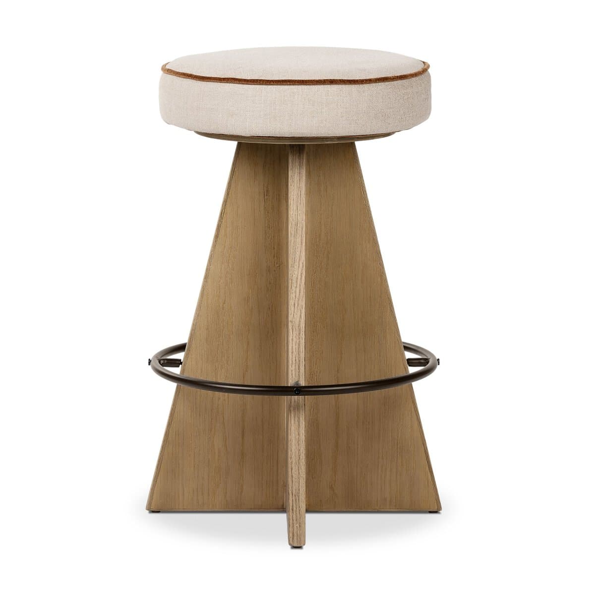 A contemporary bar stool with a tapered wooden base and a cushioned, upholstered seat. The base is constructed from light-colored wood with a distinct grain pattern and features a circular metal footrest. The seat is round, padded, and covered in a light-colored fabric, with a thin, contrasting trim around its edge. — 3D model