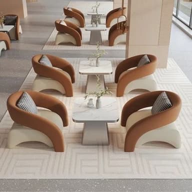 A modern armchair featuring a curved, U-shaped backrest and armrests upholstered in a textured brown fabric, resting on a sculptural, light cream base that forms the seat. A small checkered cushion is placed on the seat. — 3D model