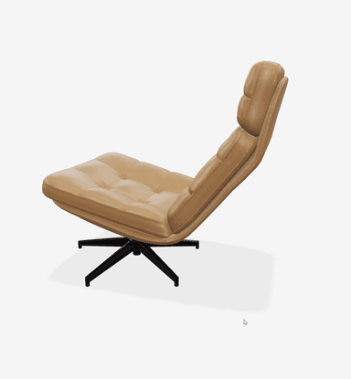 A contemporary lounge chair with a low profile and a reclined backrest. The chair features a tufted upholstery pattern across the seat and back. It is supported by a central pedestal base with four splayed legs, finished in black. The overall design suggests a modern aesthetic. — 3D model