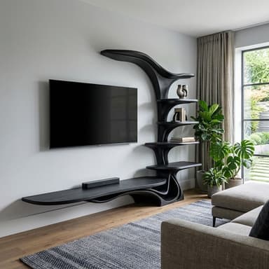 A striking black, multi-tiered shelving unit featuring an organic, sculptural design. It consists of several curved shelves of varying sizes, supported by an elegantly flowing central structure, all crafted from dark wood with a visible grain. — 3D model