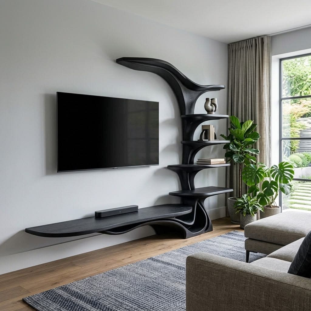 A striking black, multi-tiered shelving unit featuring an organic, sculptural design. It consists of several curved shelves of varying sizes, supported by an elegantly flowing central structure, all crafted from dark wood with a visible grain. — 3D model