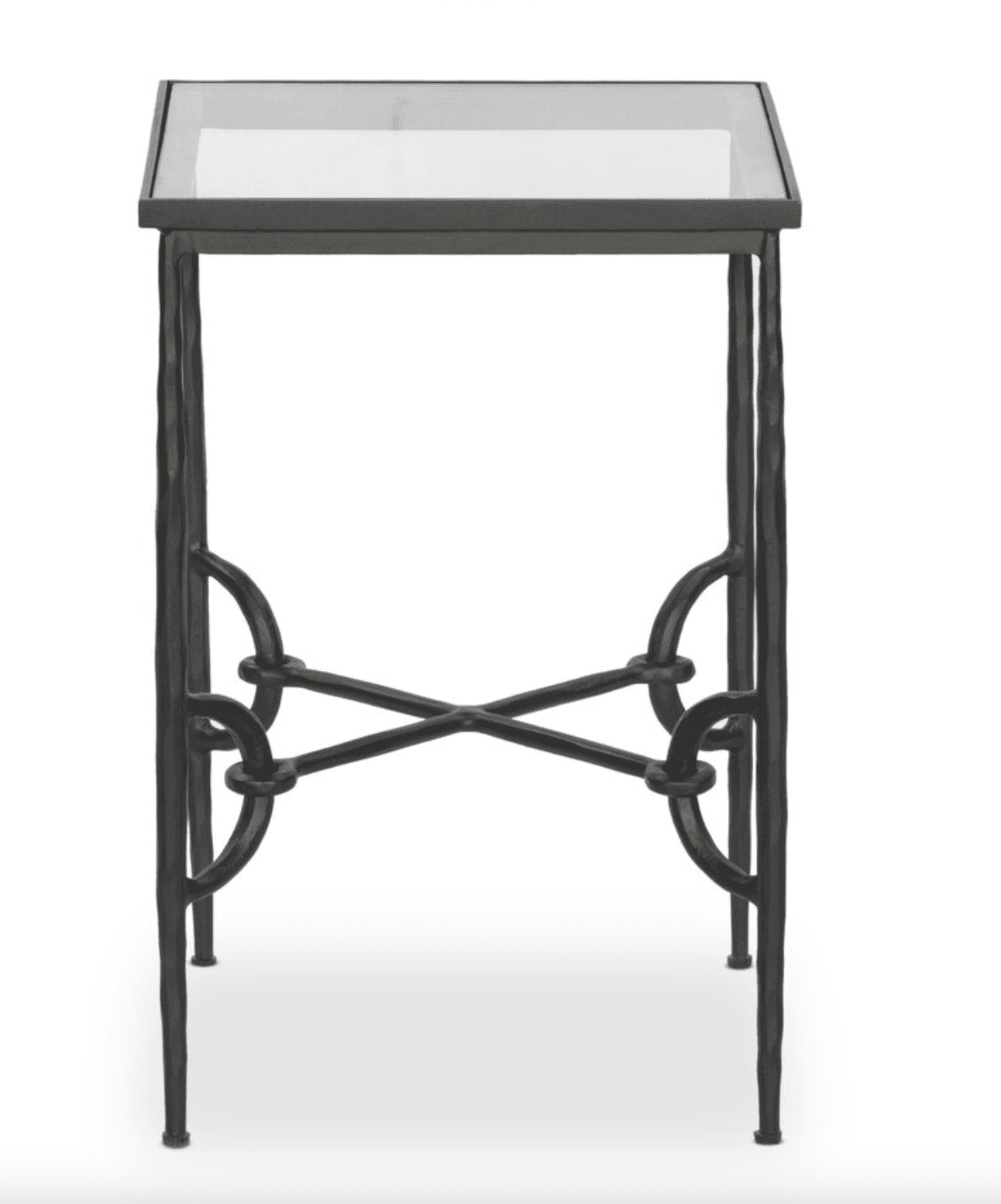 A square-top end table with a glass surface and a wrought iron base. The base features decorative curved supports and an X-shaped stretcher. — 3D model