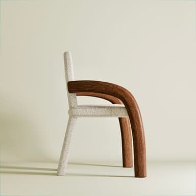 A highly sculptural and conceptual accent chair featuring a distinctive letter 'A' silhouette for its back and seat. The main body is upholstered in a tactile, off-white bouclé fabric, with a central arched cut-out in the backrest. Complementing the textured fabric are two dramatically curved dark brown wooden elements that function as armrests and part of the support structure. — 3D model