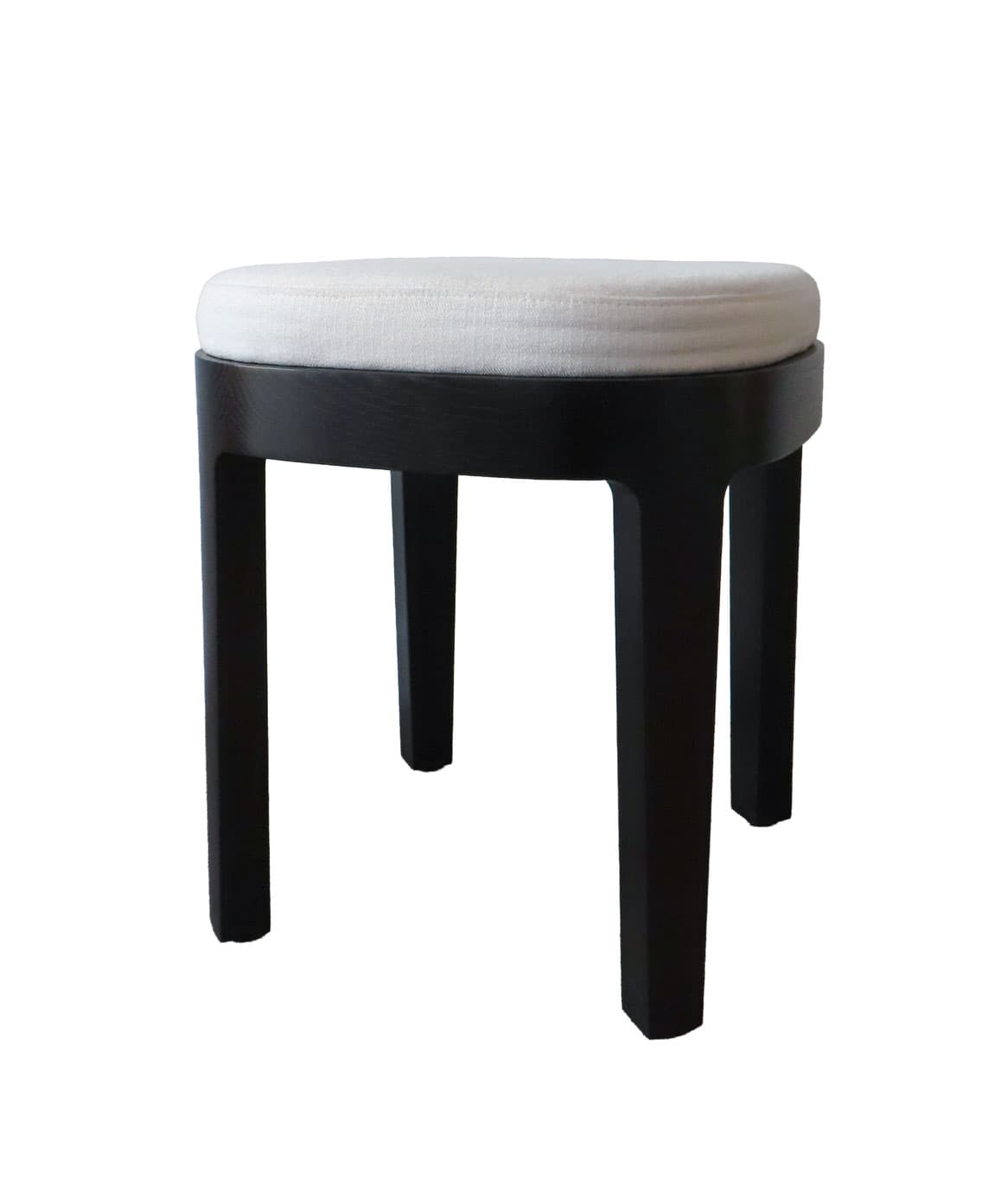 A modern round stool featuring a light-colored upholstered cushion atop a dark-stained solid wood frame with four tapered legs. — 3D model
