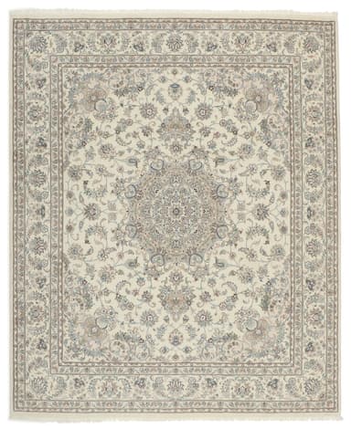 A square-shaped rug with a detailed floral and central medallion pattern. The rug has a fringe along all four edges. The design features intricate scrolling vines, floral motifs, and a complex central mandala-like element. The color palette is predominantly cream or off-white with accents of muted blues, greys, and browns. — 3D model