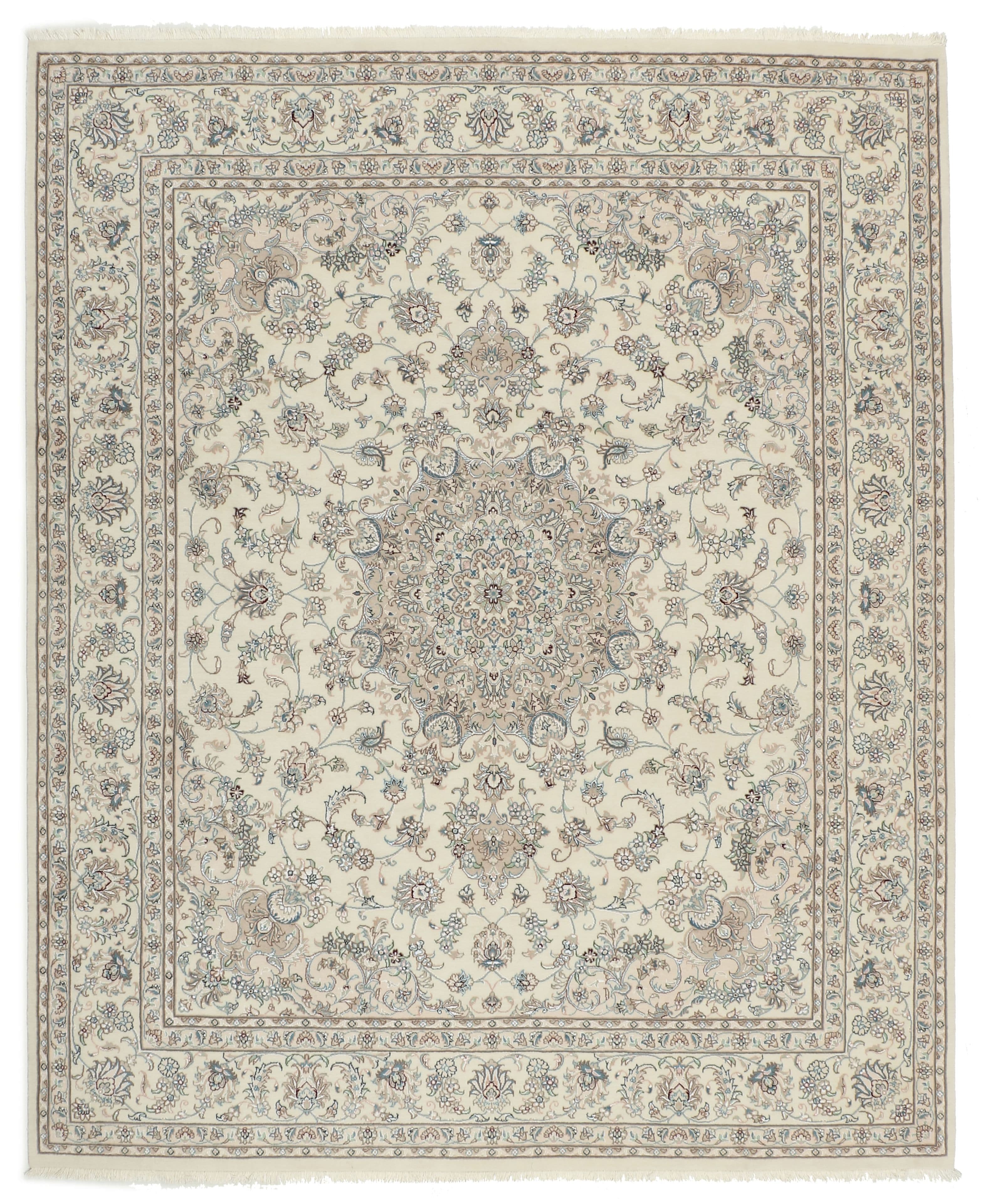 A square-shaped rug with a detailed floral and central medallion pattern. The rug has a fringe along all four edges. The design features intricate scrolling vines, floral motifs, and a complex central mandala-like element. The color palette is predominantly cream or off-white with accents of muted blues, greys, and browns. — 3D model