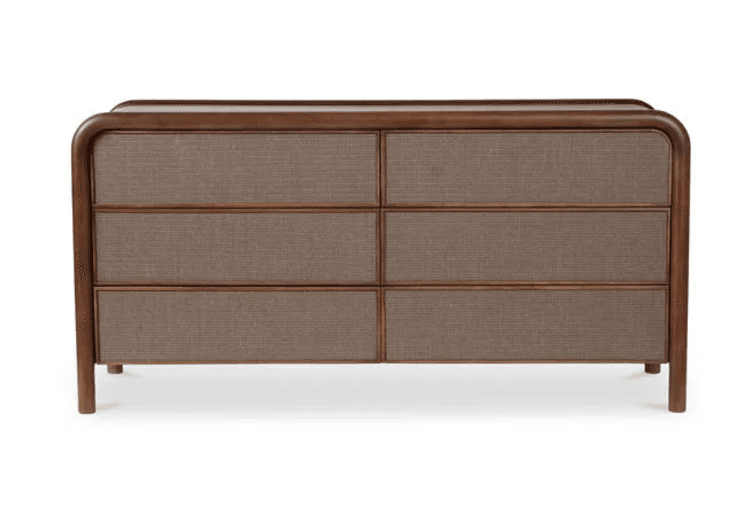A contemporary double dresser with a warm wooden frame, rounded corners, and six drawers, each featuring a textured, woven fabric front. It sits on short, rounded legs. — 3D model