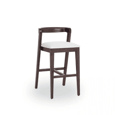 A close-up view of a chair, focusing on the armrest, back support, and seat. The chair features a dark wood frame with a curved, integrated armrest. The seat is upholstered in a light-colored fabric with a subtle woven texture. — 3D model