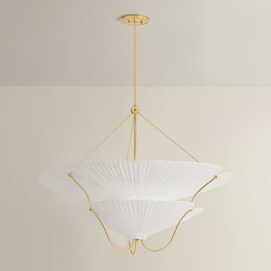 A contemporary tiered pendant light featuring multiple layers of white, finely pleated fabric shades suspended by a slender brass rod. The shades have a soft, scalloped edge design, and are supported by delicate brass chains and curved metallic rods. The light is designed to hang from a ceiling canopy, also finished in brass, providing diffused illumination through its layered textile structure. The overall aesthetic is elegant and modern. — 3D model