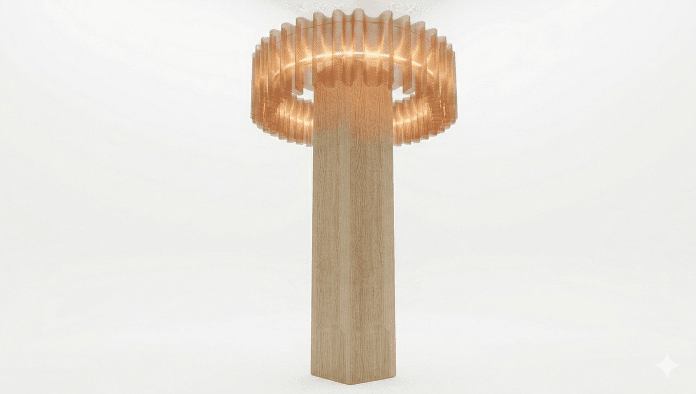 A modern floor lamp with a cylindrical wooden base supporting a circular lampshade. The lampshade is constructed from thin, vertically oriented, ribbed panels that create a textured, decorative effect and diffuse light. The wooden base has a visible wood grain pattern. — 3D model
