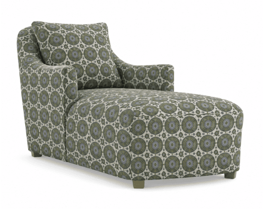 An upholstered chaise lounge featuring a distinctive geometric pattern in shades of green, grey, and off-white. It has a single armrest, an elongated seat for reclining, and a loose back cushion. The piece stands on short, tapered wooden feet. — 3D model
