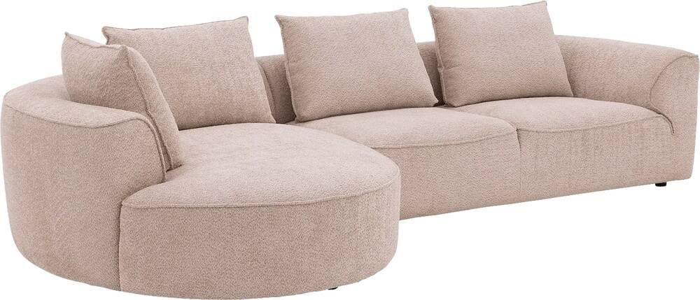A modern L-shaped sectional sofa upholstered in a light beige textured fabric, likely boucle. It features soft, rounded lines, loose back cushions, and a deep, inviting seat. The design emphasizes comfort and contemporary aesthetics. — 3D model
