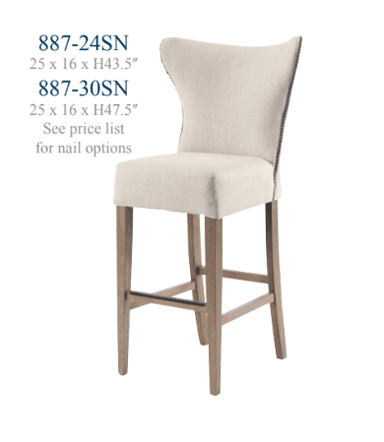A cream-colored upholstered bar stool featuring a winged backrest and nailhead trim detailing. The stool stands on four tapered wooden legs connected by crossbars, one of which includes a metal footrest. The design appears sturdy and classic. — 3D model