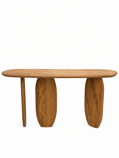 An organic modern console table with an elongated, surfboard-shaped top and three substantial, irregularly shaped legs, all crafted from solid light brown wood with prominent grain. — 3D model
