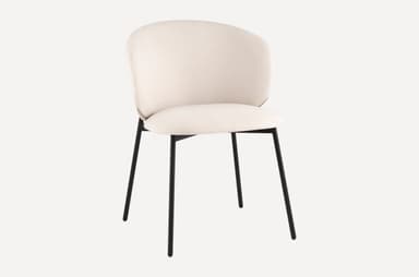 A modern accent chair with a curved backrest upholstered in a textured off-white fabric. The chair features a sleek black band accenting the upper back of the upholstery and is supported by thin, tapered black metal legs. The design suggests a contemporary aesthetic. — 3D model