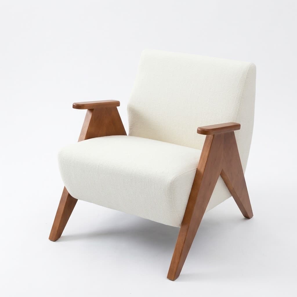 A mid-century modern inspired lounge chair featuring a sturdy wooden frame and plush, light-colored upholstered cushions. The wooden frame is constructed with distinctive angled or 'compass' legs, providing a stable yet visually light base. The armrests are flat, extending from the wooden frame. The seat and backrest are generously padded, upholstered in a textured fabric. — 3D model
