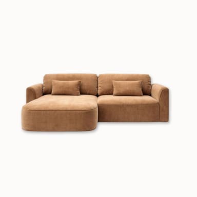 A sectional sofa with a chaise lounge extension. The sofa features a low profile, deep seating, and plush cushions. It is upholstered in a textured fabric and includes two rectangular throw pillows. — 3D model