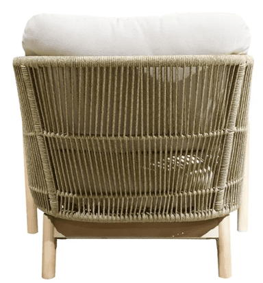 An outdoor lounge chair featuring a sturdy light-toned solid wood frame and a body constructed from tightly woven synthetic rope in a beige or tan color. The chair includes off-white fabric cushions for both the seat and back, providing comfort against the open-weave design. The wooden legs are slightly tapered, contributing to a contemporary and relaxed aesthetic suitable for outdoor environments. — 3D model