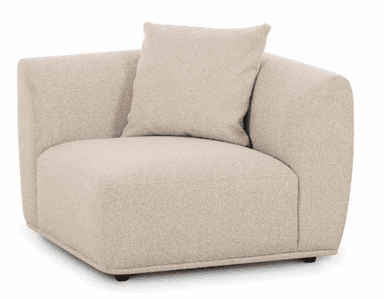 A modern, light beige (oatmeal) modular seating unit, part of a sectional sofa, featuring one broad armrest on the right side (from the viewer's perspective) and a backrest. It has soft, rounded edges and is upholstered in a textured, possibly bouclé or woven fabric, with a loose rectangular back cushion. The base is low with small, dark recessed feet. — 3D model