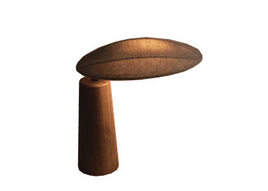 A contemporary table lamp with a tapered wooden base and an oval, fabric lampshade. — 3D model