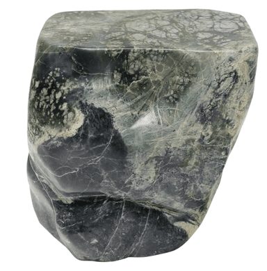 A square-topped, roughly cubic stool carved from a single piece of veined green and dark gray stone. The top surface is flat with slightly rounded edges. The sides exhibit organic, uneven contours, suggesting natural stone formation rather than precise carving. The stone has a polished finish with intricate patterns of lighter veins and darker inclusions. — 3D model