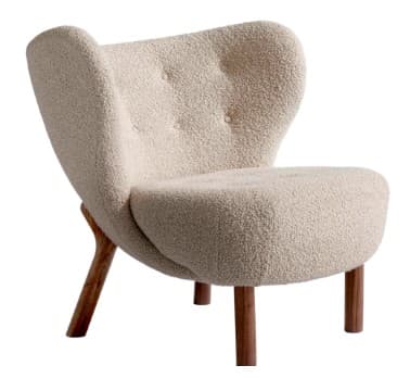 A contemporary armchair with a distinctively curved backrest and seat. The upholstery features a textured boucle fabric. The armchair has a unique base structure with visible wooden legs. — 3D model
