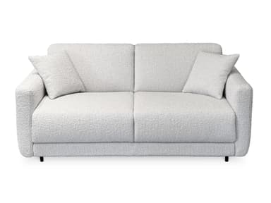 A modern sofa with a textured fabric upholstery. The sofa features a low profile with deep, plush cushions and rounded armrests. A distinctive design element is the integrated back cushion that curves upwards and outwards, creating a unique silhouette. The fabric has a boucle-like texture, giving it a soft and inviting appearance. The color is a neutral light gray or off-white. — 3D model