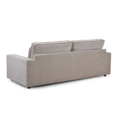 A modern three-seater sofa featuring a clean, rectilinear design upholstered in a light beige or taupe textured fabric. The sofa has thick, straight block arms and two large loose back cushions, suggesting a comfortable seating experience. Small, recessed black feet provide minimal elevation from the floor. — 3D model