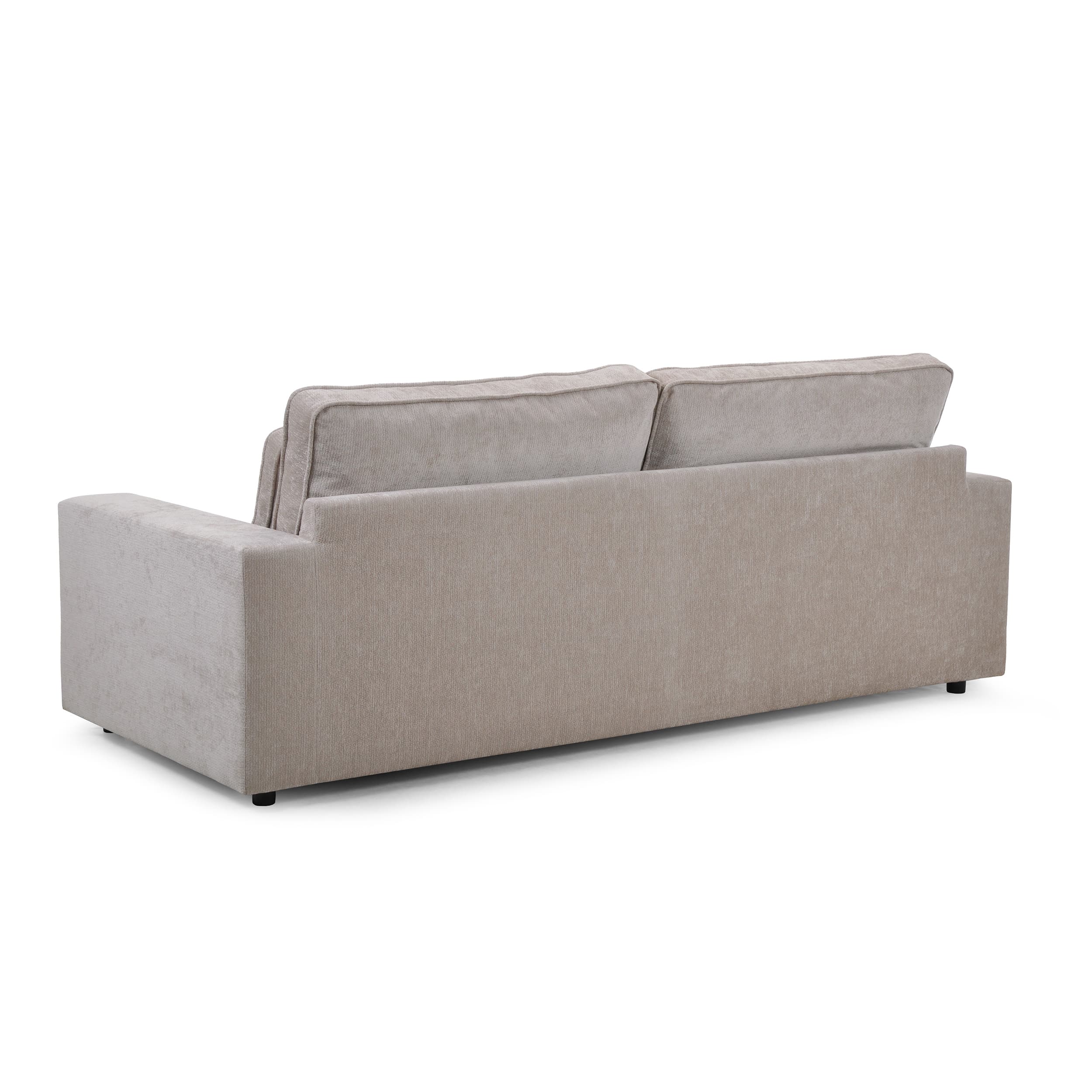 A modern three-seater sofa featuring a clean, rectilinear design upholstered in a light beige or taupe textured fabric. The sofa has thick, straight block arms and two large loose back cushions, suggesting a comfortable seating experience. Small, recessed black feet provide minimal elevation from the floor. — 3D model
