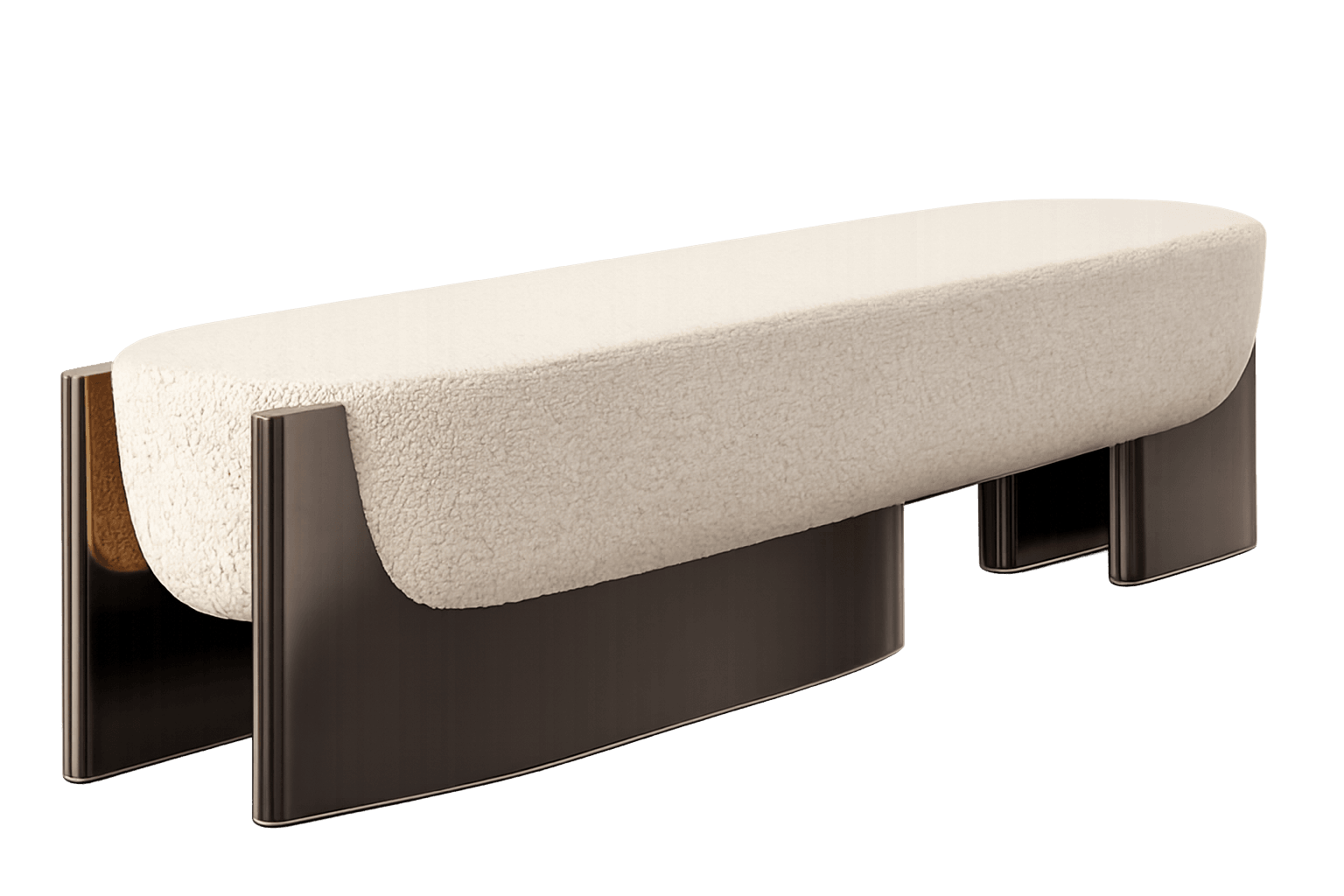 An elongated, pill-shaped upholstered bench featuring cream-colored bouclé fabric and dark, curved metal supports, showcasing a contemporary minimalist design. — 3D model