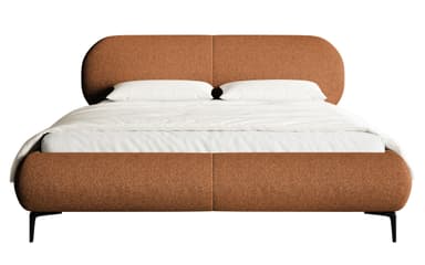 A modern upholstered bed frame with a rounded headboard and a low-profile base. The bed is covered in a textured, cinnamon-colored fabric. Two white pillows are placed on the mattress, which is covered with white bedding. — 3D model