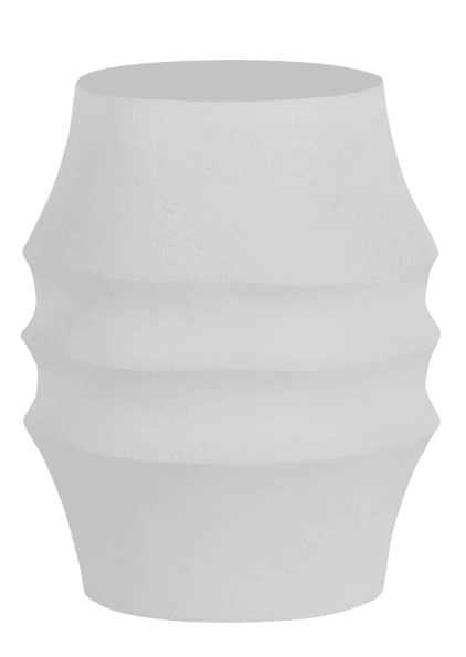 A white, cylindrical stool with a textured, undulating surface. The top is flat and circular, while the sides curve inwards and outwards in a series of horizontal ridges, giving it a barrel-like or ribbed appearance. The base appears to be slightly wider than the top. — 3D model