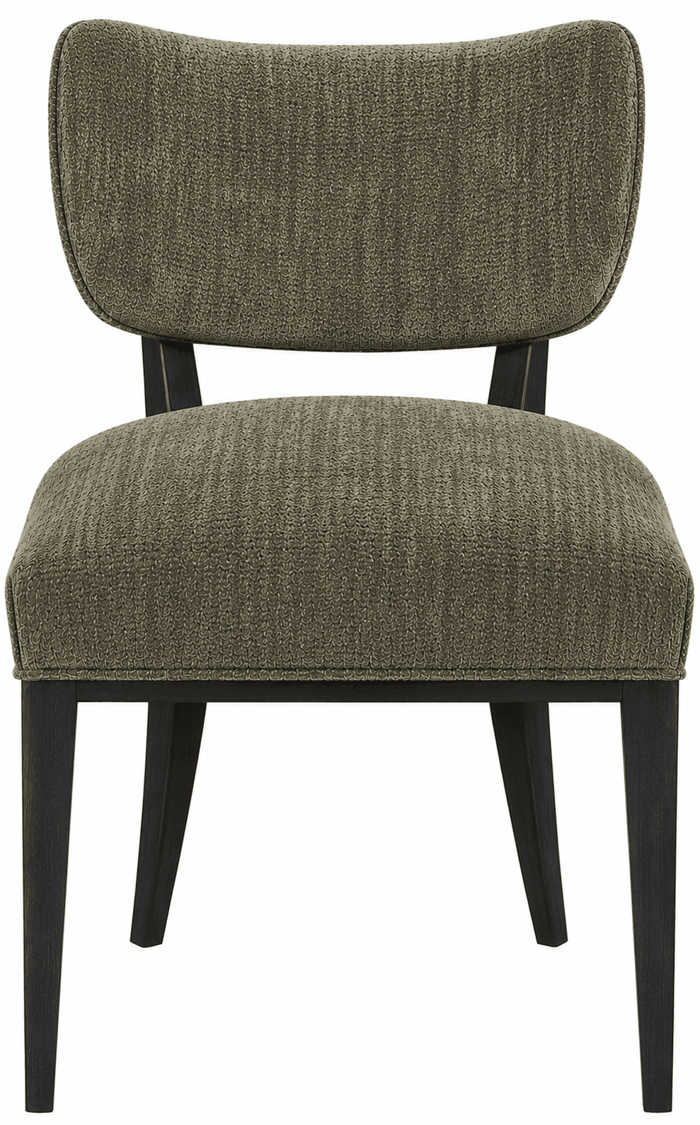 A modern armless chair with a curved backrest and upholstered seat and back. The chair has four dark, tapered legs. — 3D model
