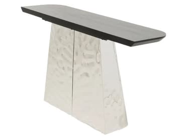 A modern console table featuring a dark, elongated rectangular top with gently rounded edges, supported by a substantial, polished hammered metal base. The base has a distinctive, irregular, and textured surface, giving it a unique sculptural quality. Its form tapers slightly, widening towards the bottom for enhanced stability and visual presence. — 3D model