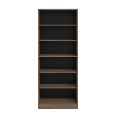 A tall, narrow bookcase featuring a dark brown wood-grain finish and a contrasting black back panel. It has five open shelves, providing ample storage or display space. The design is simple, modern, and minimalist, suitable for various interior settings. — 3D model