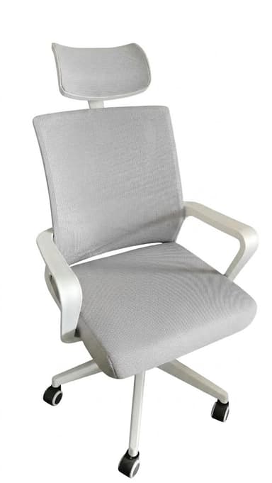 A modern ergonomic office chair featuring a light gray mesh backrest and seat, an adjustable headrest, and a white plastic frame with integrated armrests. The chair sits on a five-star base equipped with caster wheels for mobility. — 3D model