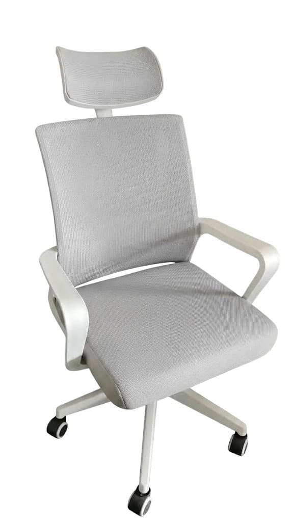 A modern ergonomic office chair featuring a light gray mesh backrest and seat, an adjustable headrest, and a white plastic frame with integrated armrests. The chair sits on a five-star base equipped with caster wheels for mobility. — 3D model