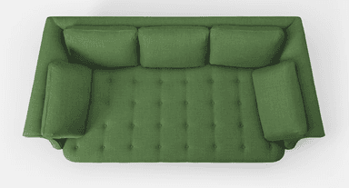 A three-seater sofa with a tufted seat and back cushions. It features rolled arms that curve outwards and short wooden legs. The sofa is upholstered in a textured green fabric and comes with two matching throw pillows. The back cushions are loose, while the seat appears to be a single tufted cushion. — 3D model