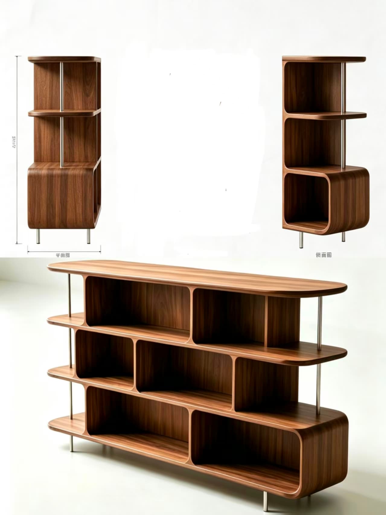 A contemporary low-profile bookshelf crafted from dark-toned walnut wood, featuring multiple open storage compartments with rounded edges. The unit is supported by slender metallic legs and uses similar metallic rods between its tiers, giving it a light, elevated appearance. Its design is modular, creating a visually interesting asymmetrical arrangement of storage spaces. — 3D model