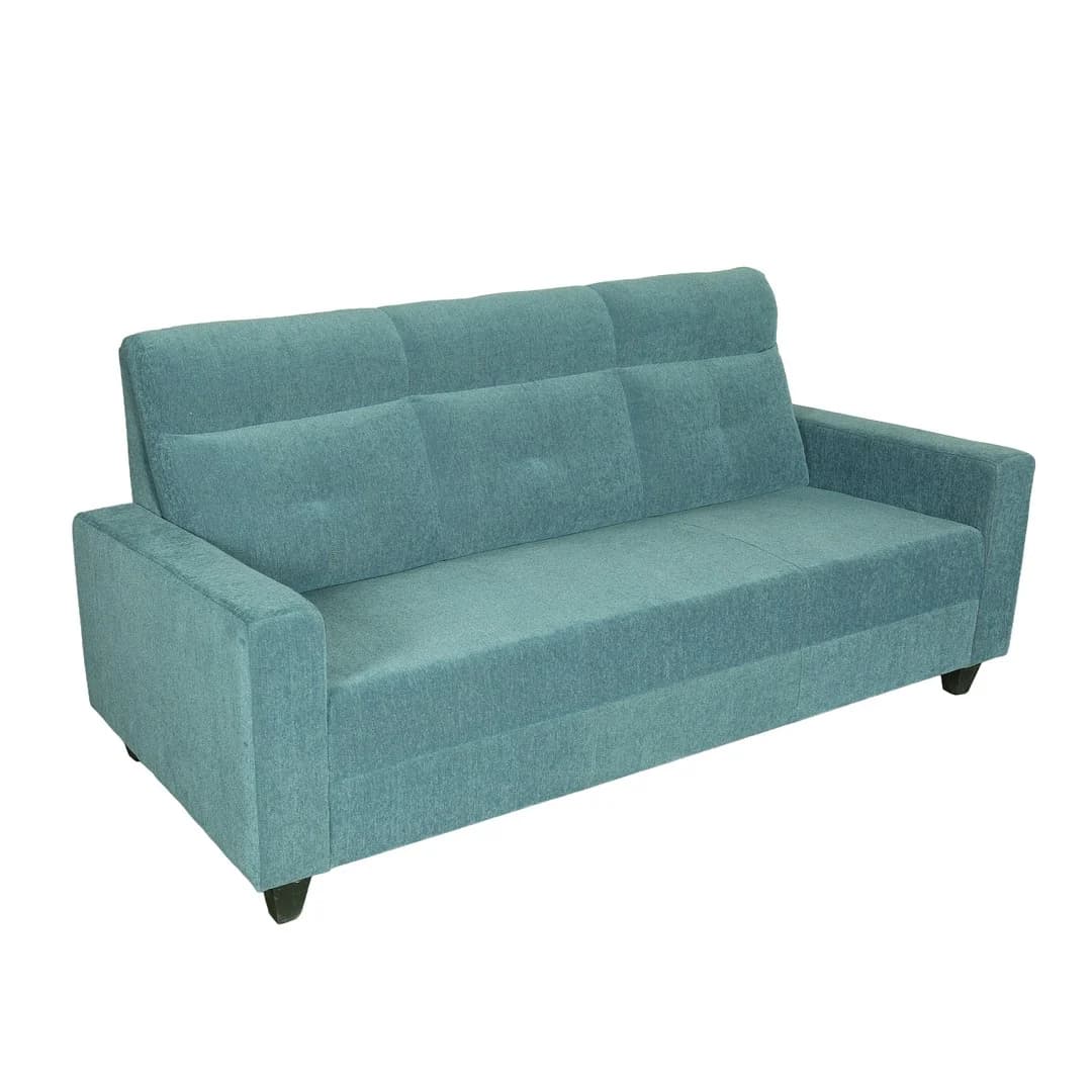 A contemporary three-seater sofa upholstered in a teal-colored woven fabric. It features clean, straight track arms and a backrest composed of three integrated cushions, each with subtle buttonless tufting. The seat appears to be a single, continuous cushion. The sofa is supported by small, dark, tapered feet. — 3D model