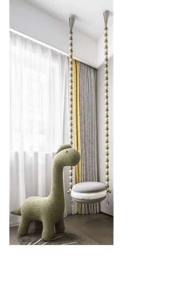 A contemporary indoor swing featuring a circular, padded seat upholstered in a mint green fabric. It is suspended by two long strands of alternating light and dark wooden beads, which attach to conical metal fixtures at the top and small metal loops on the seat's side. — 3D model