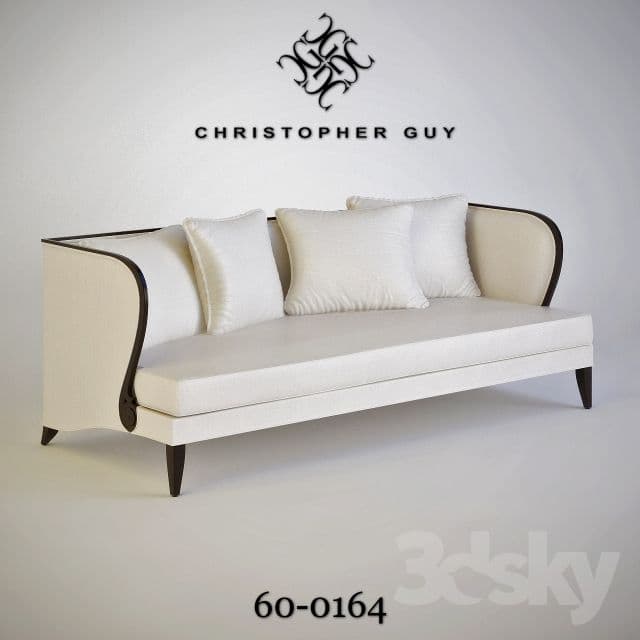A contemporary daybed featuring an elegant, asymmetrical curved backrest and side, upholstered in light cream fabric, with exposed dark wood trim and tapered legs. Several loose back cushions are included. — 3D model