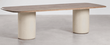A modern rectangular dining table featuring a slatted wood tabletop with rounded corners, supported by two cylindrical pedestal bases in a contrasting off-white finish. — 3D model