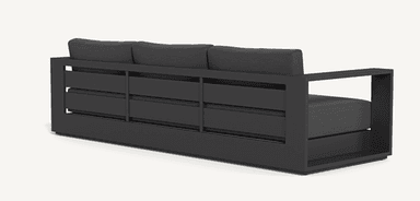 A modern three-seater sofa featuring a dark grey fabric upholstery and a minimalist, boxy silhouette. It includes three loose back cushions and a single, long seat cushion. The sofa has wide, square track arms and a low-profile base, contributing to its contemporary aesthetic. — 3D model